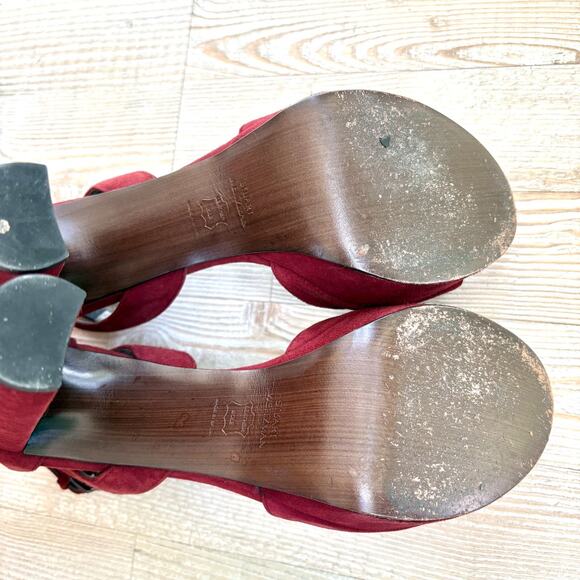 Stuart Weitzman Hijinx Platform Suede Peep Toe Heels | Deep Red Size 9 - Picture 9 of 11